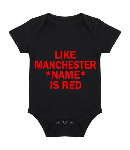Like Manchester *CUSTOM NAME* Is Red - Childrens Manchester short sleeved baby suit