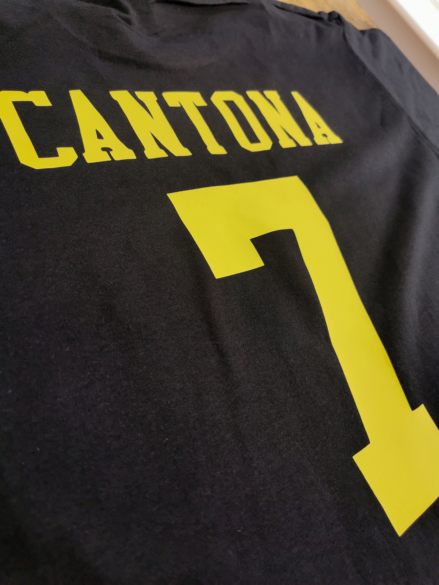 Cantona 7 with kung fu Hooligan kick print - back and front printed T-Shirt. Mens