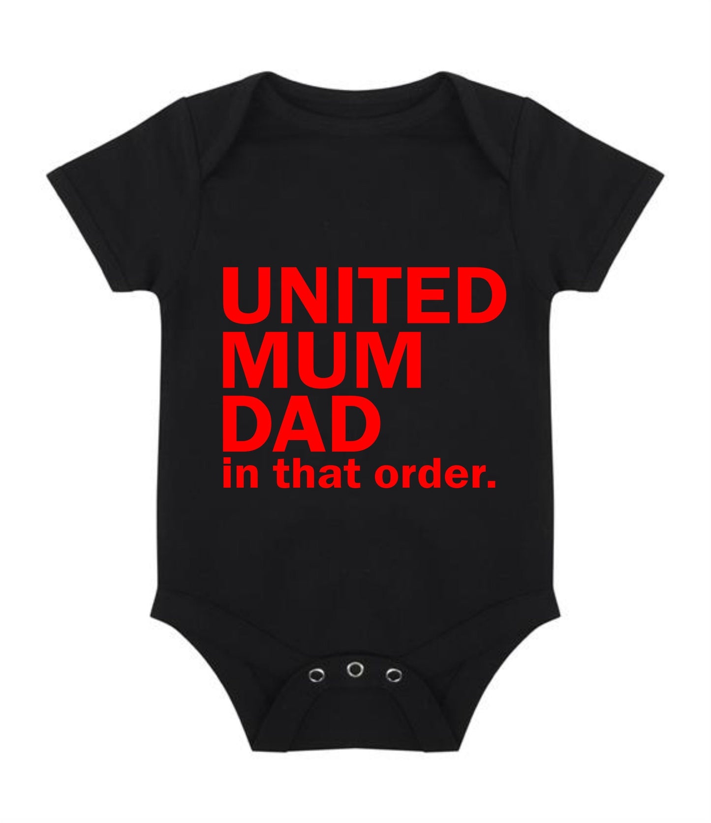 United Dad Mum / United Mum Dad in that order - Childrens Manchester short sleeved baby suit babygrow