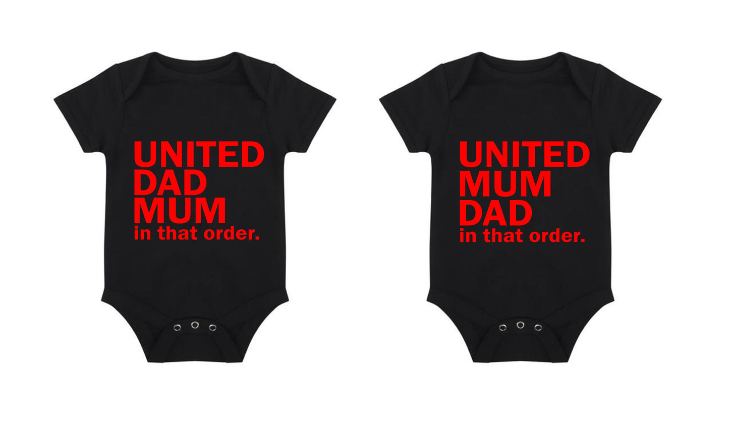 United Dad Mum / United Mum Dad in that order - Childrens Manchester short sleeved baby suit babygrow